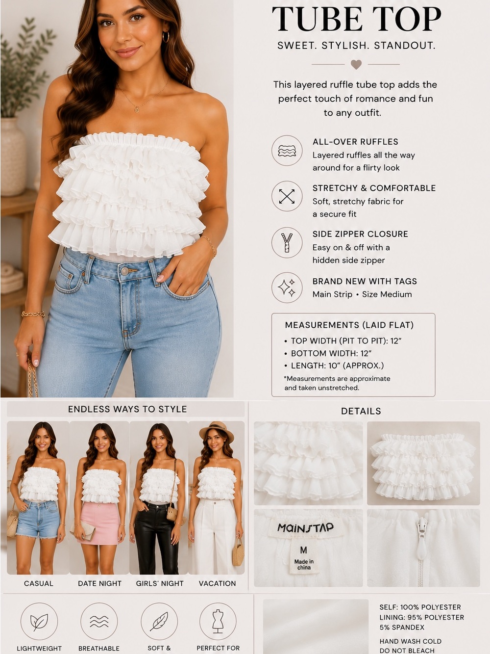 Main Strip White Ruffle Strapless Tube Top